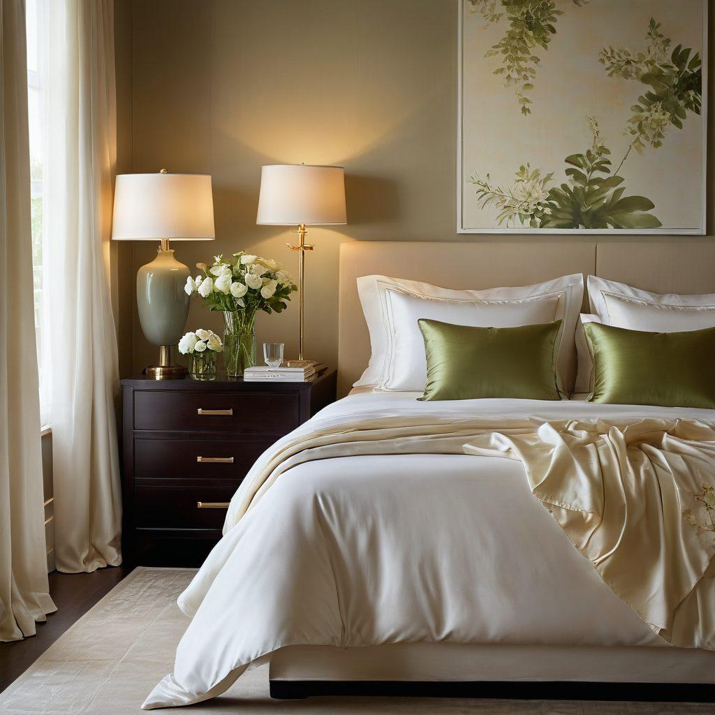 A serene bedroom setting bathed in soft, warm light, featuring sensuous silk sheets and a tasteful arrangement of flowers. Include subtle symbols of intimacy like intertwined hands or a half-empty wine glass, creating an atmosphere of connection and romance. The background should have hints of tranquil nature like a window view with lush greenery. Dreamy and atmospheric with gentle colors. super-realistic. warm tones. soft textures.