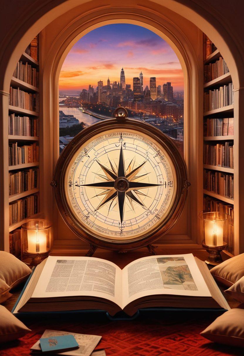 A beautifully illustrated compass surrounded by a variety of open books depicting erotic literature, sexual health pamphlets, and symbols of romance and intimacy. The background features a serene landscape that transitions from a cozy reading nook to a vibrant city skyline, symbolizing the journey through adult themes. Soft, warm colors contrast with deeper, richer shades to evoke a sense of exploration and depth. whimsical and artistic. vibrant colors. blended background.